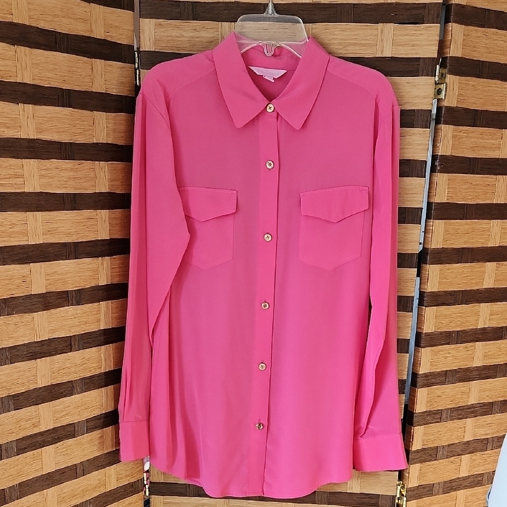 Lilly Pulitzer 100 % Silk Vibrant Pink Button-Up Shirt